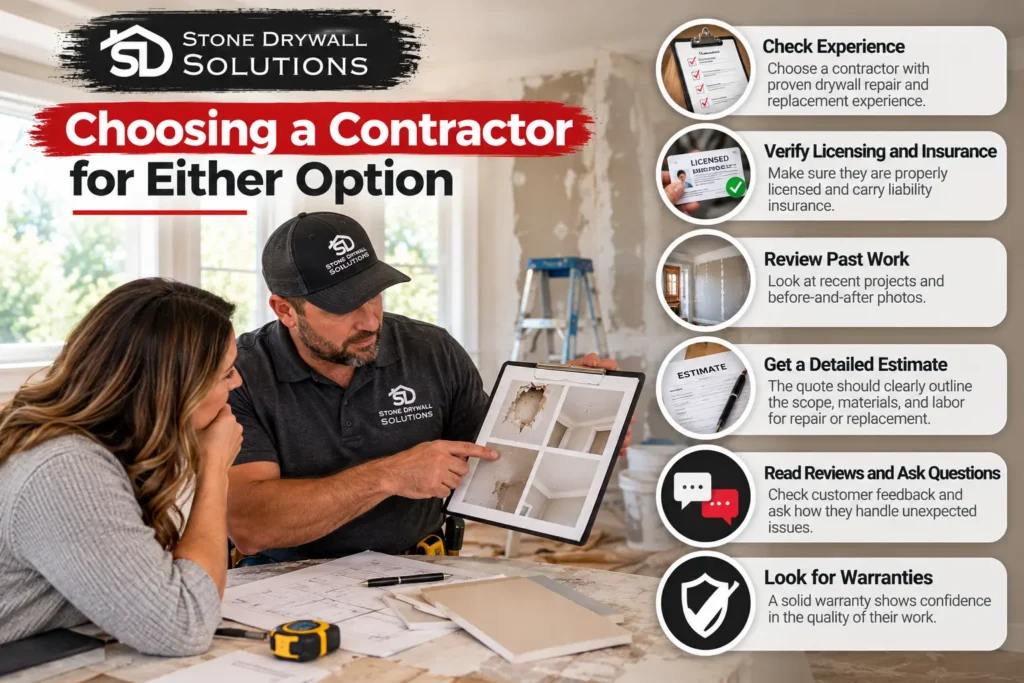 Stone Drywall Solutions contractor reviewing drywall repair and replacement options with a homeowner, alongside tips for checking experience, licensing, insurance, past work, estimates, reviews, and warranties.