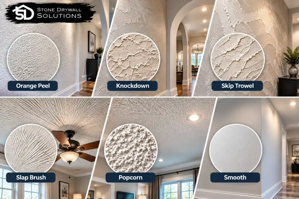 Comparison of six common drywall texture types, including orange peel, knockdown, skip trowel, slap brush, popcorn, and smooth finishes, with detailed wall and ceiling examples.