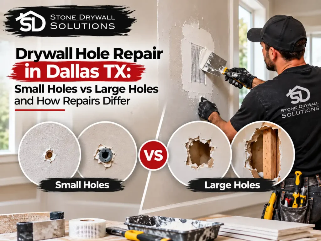 Stone Drywall Solutions contractor repairing drywall holes in a Dallas home, with close-up comparisons of small and large wall damage.