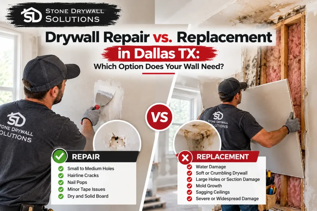 tone Drywall Solutions graphic comparing drywall repair and replacement in Dallas, TX, showing a contractor patching minor wall damage and another installing new drywall in a water-damaged section.
