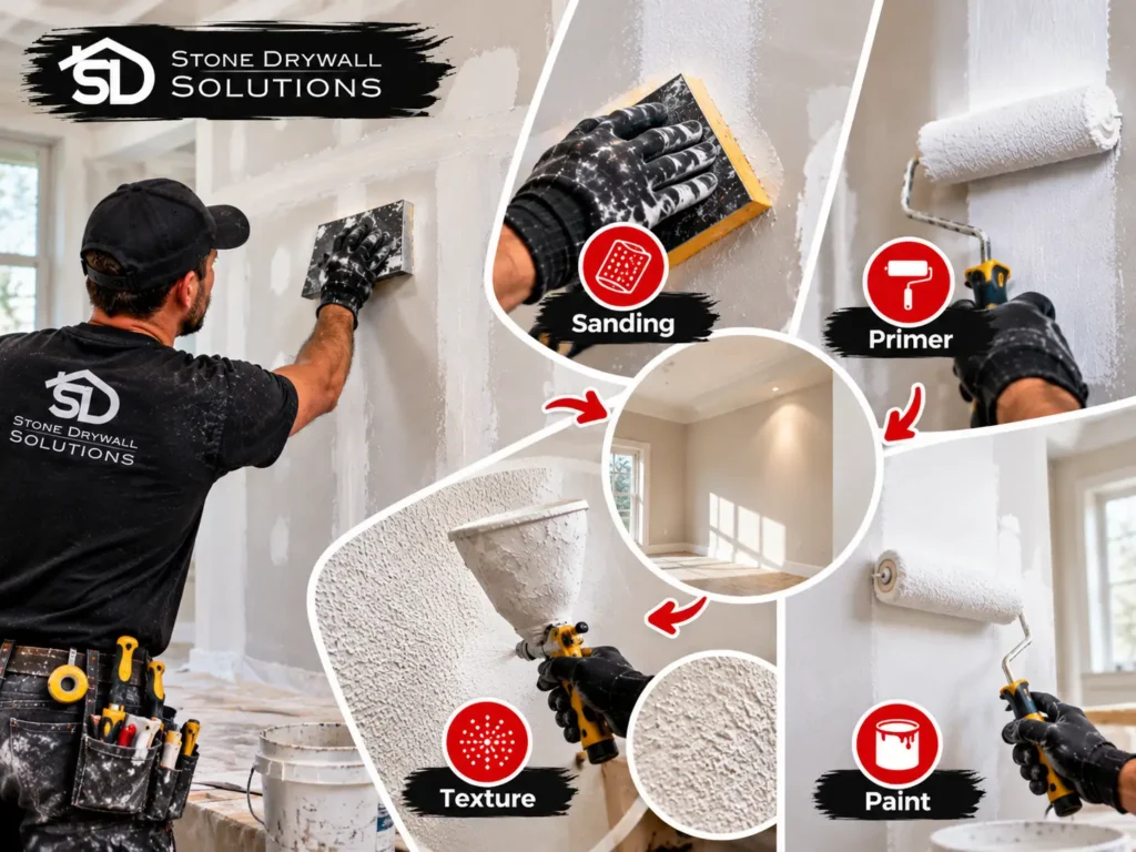 Stone Drywall Solutions contractor demonstrating four drywall finishing stages, including sanding, primer application, texture matching, and painting, with close-up visuals of each process.