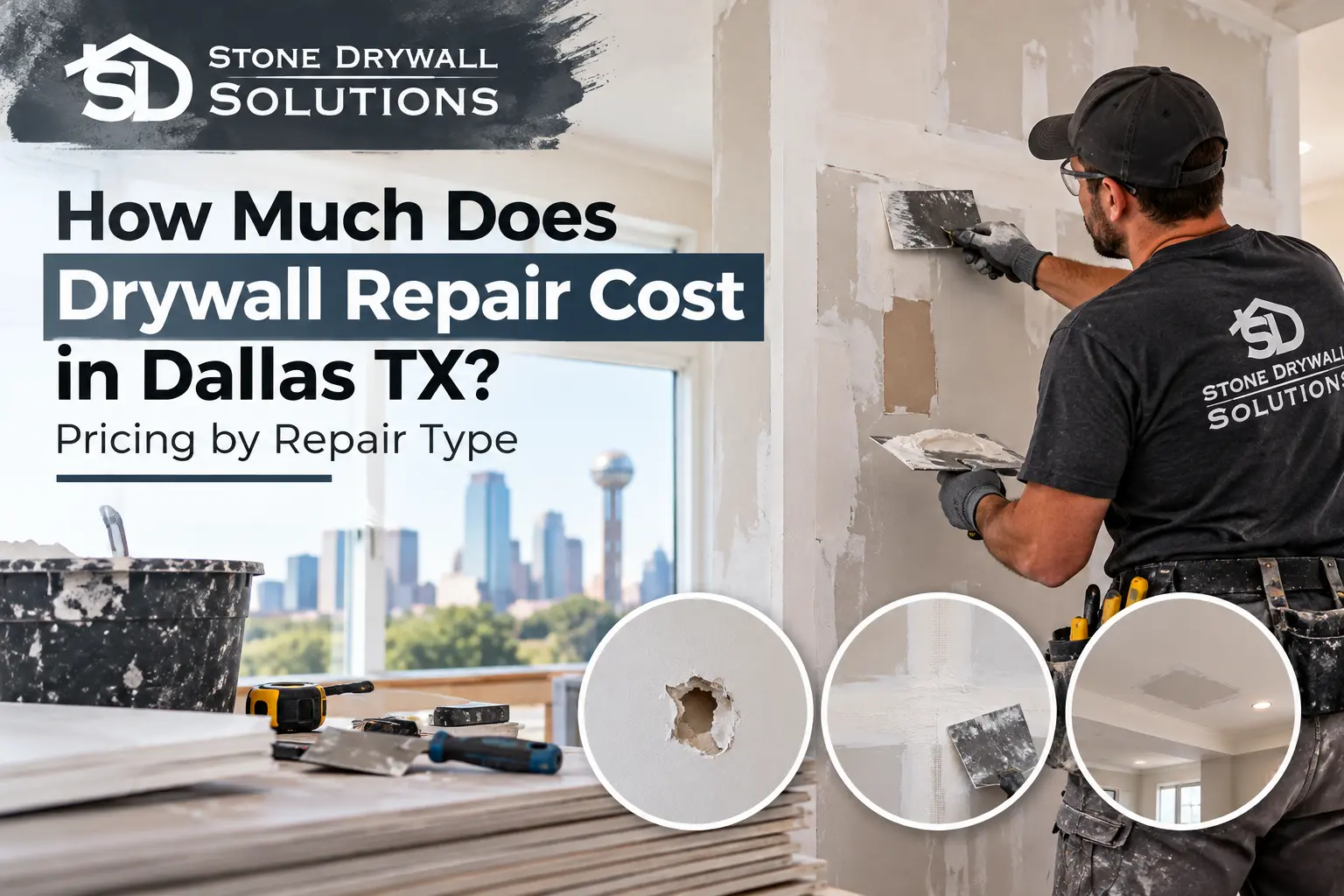 Stone Drywall Solutions contractor applying joint compound to a damaged wall in Dallas, TX, with close-up examples of drywall hole repair, seam finishing, and ceiling patching.