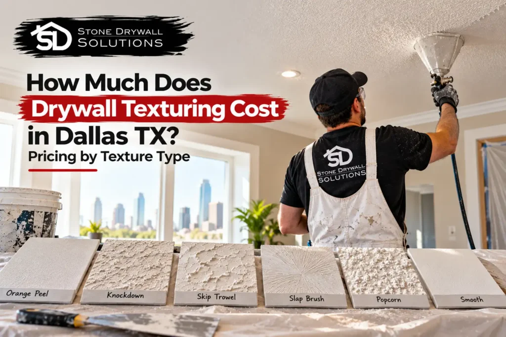 t: Stone Drywall Solutions contractor applying drywall texture to a ceiling in a Dallas home, showing professional texturing work and finishing tools.