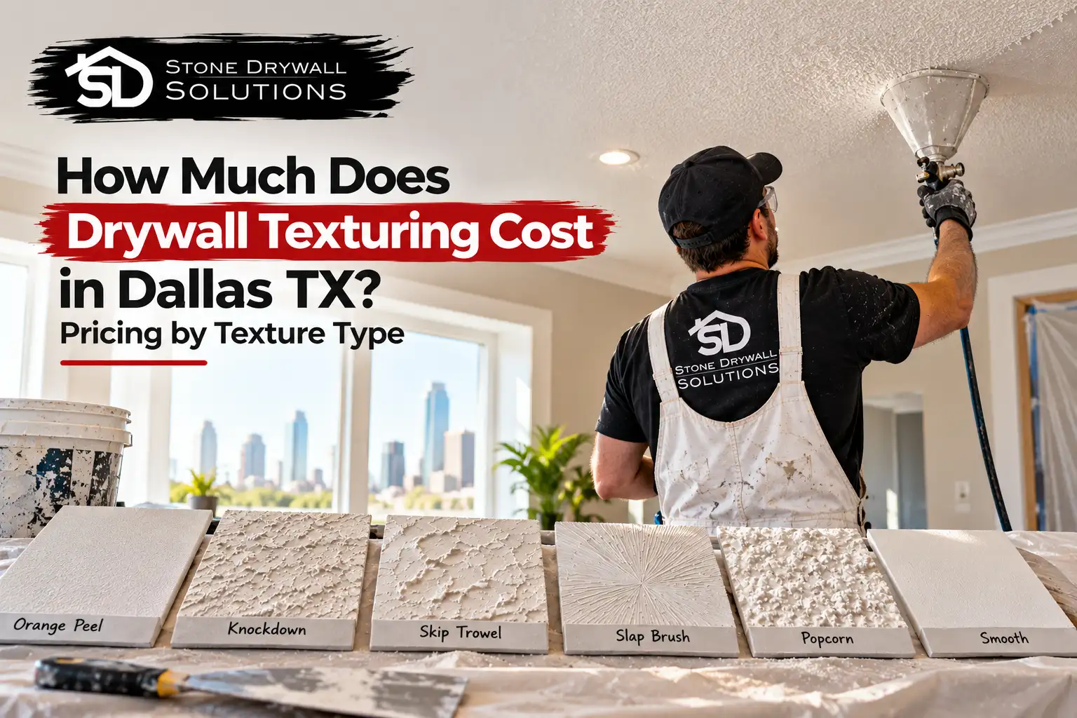 t: Stone Drywall Solutions contractor applying drywall texture to a ceiling in a Dallas home, showing professional texturing work and finishing tools.