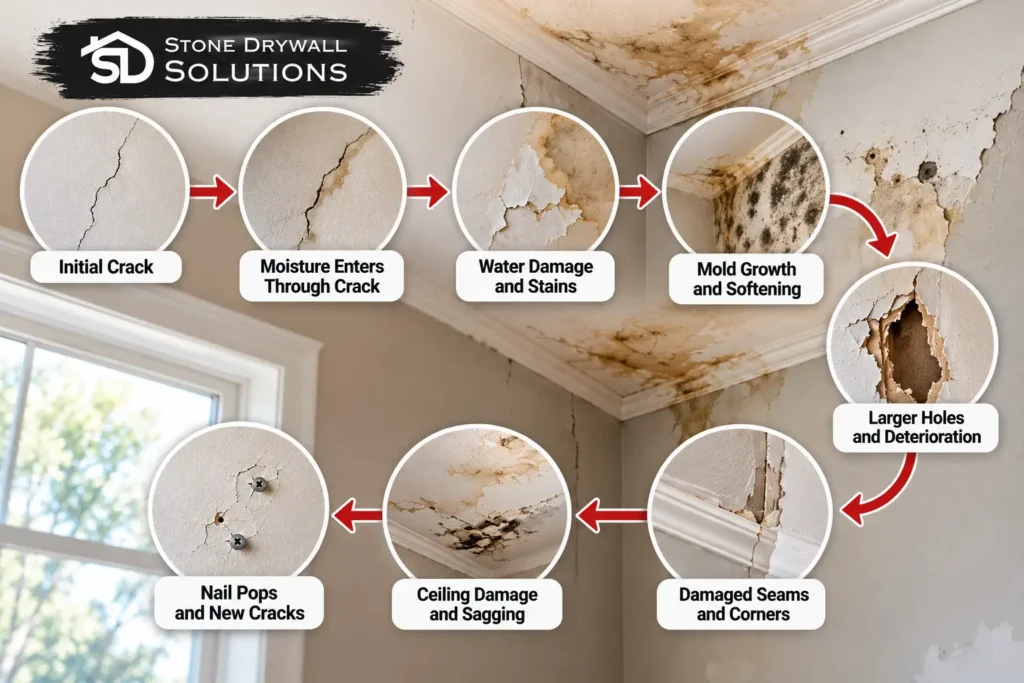 Stone Drywall Solutions infographic showing how drywall damage can progress from initial cracks and moisture intrusion to water stains, mold growth, larger holes, damaged seams, ceiling sagging, and nail pops.