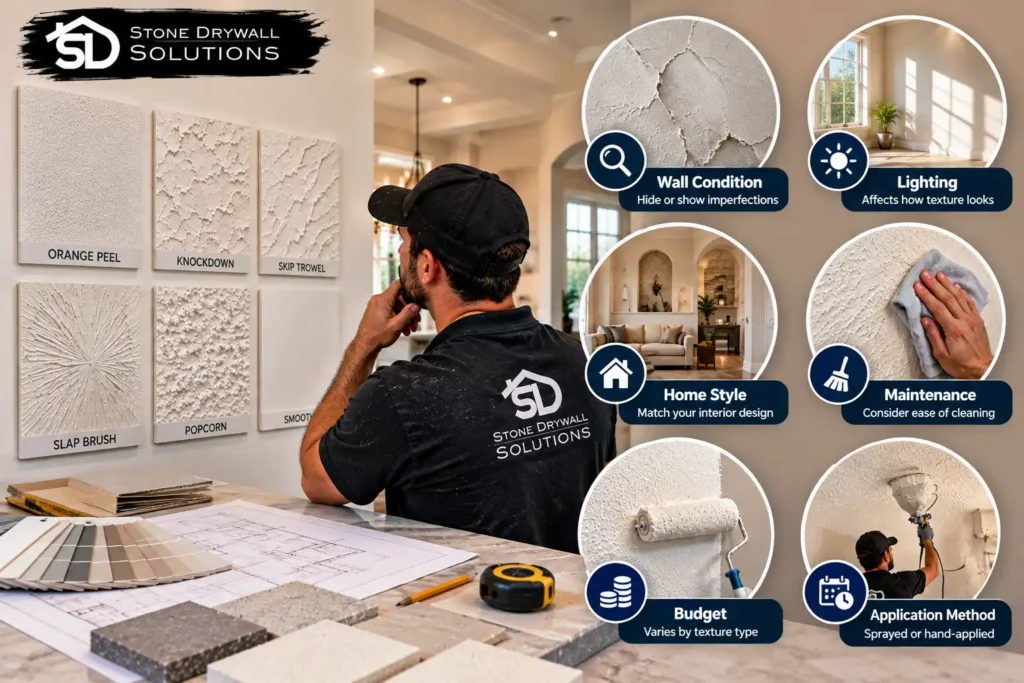 Stone Drywall Solutions contractor comparing drywall texture samples based on wall condition, lighting, home style, maintenance, budget, and application method to choose the right finish.