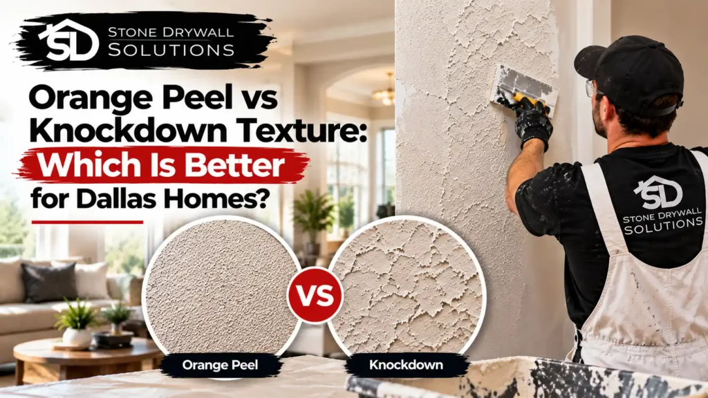 Stone Drywall Solutions contractor applying knockdown texture to an interior wall in a Dallas home, with side-by-side close-up comparisons of orange peel and knockdown drywall finishes.