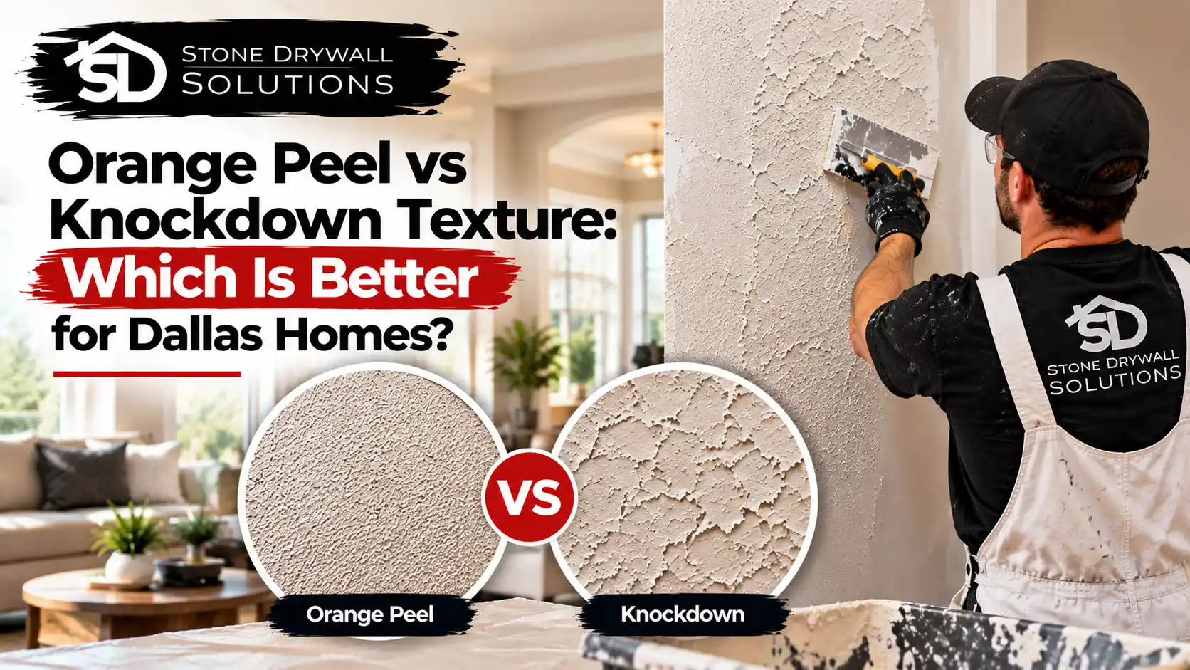 Stone Drywall Solutions contractor applying knockdown texture to an interior wall in a Dallas home, with side-by-side close-up comparisons of orange peel and knockdown drywall finishes.