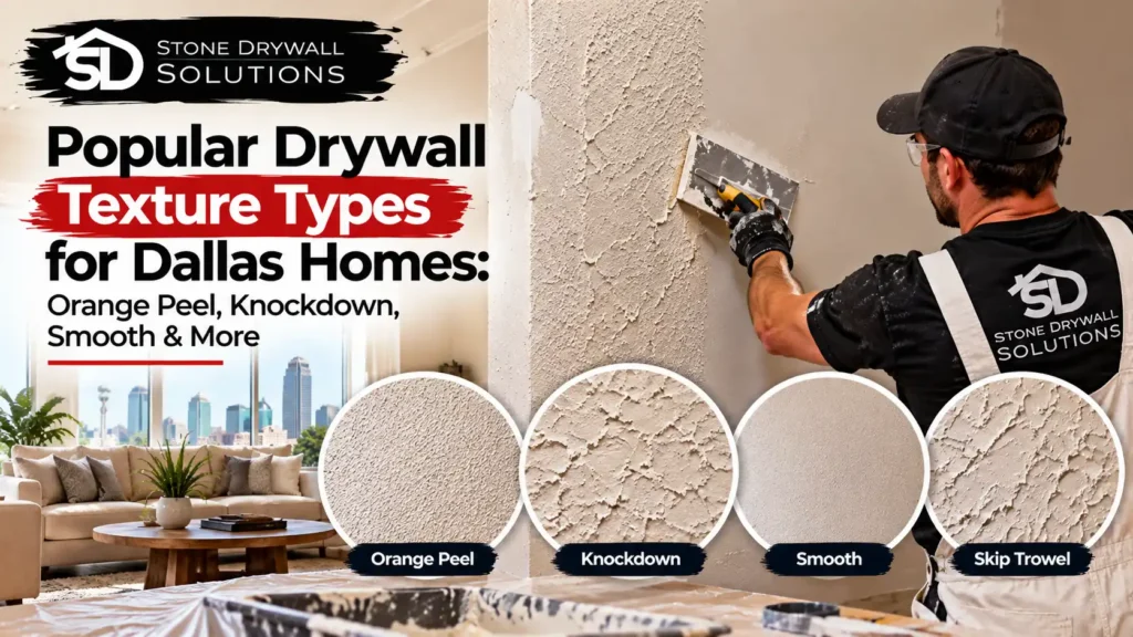 Stone Drywall Solutions contractor applying drywall texture to an interior wall in a Dallas home, with close-up samples of orange peel, knockdown, smooth, and skip trowel finishes.
