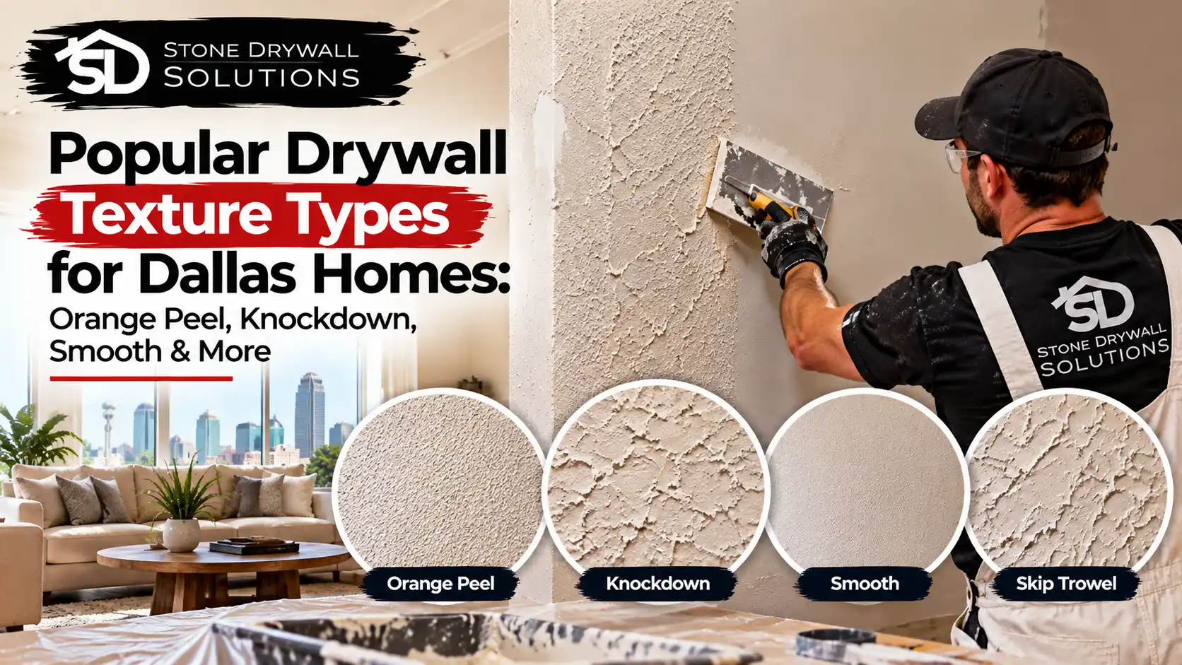 Stone Drywall Solutions contractor applying drywall texture to an interior wall in a Dallas home, with close-up samples of orange peel, knockdown, smooth, and skip trowel finishes.
