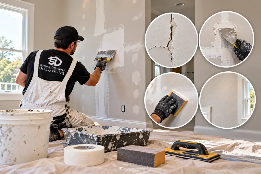 Stone Drywall Solutions contractor applying joint compound to a patched interior wall, with close-up images showing cracked drywall, mesh tape repair, surface sanding, and a smooth finished wall.