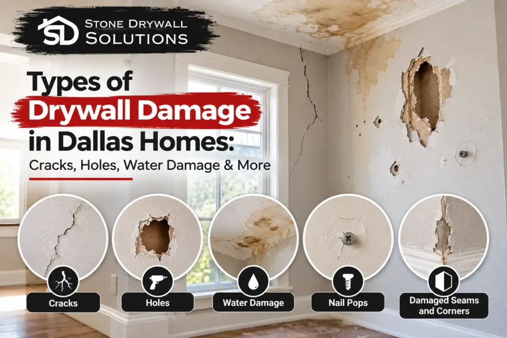Stone Drywall Solutions graphic showing common drywall damage in Dallas homes, including cracks, holes, water-stained ceilings, nail pops, and damaged seams and corners.