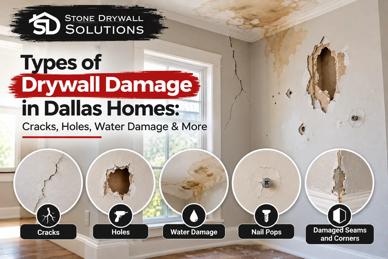 Stone Drywall Solutions graphic showing common drywall damage in Dallas homes, including cracks, holes, water-stained ceilings, nail pops, and damaged seams and corners.