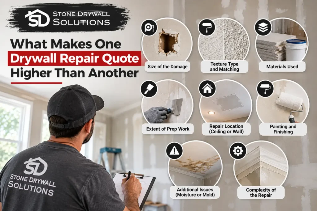 Stone Drywall Solutions contractor reviewing a repair estimate, with eight factors affecting drywall repair quotes, including damage size, texture matching, materials, prep work, repair location, painting, moisture damage, and repair complexity.