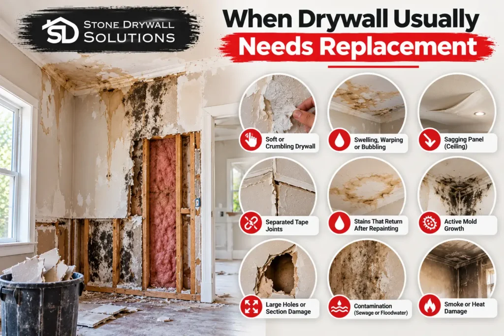 Stone Drywall Solutions infographic showing signs drywall needs replacement, including crumbling panels, swelling, sagging ceilings, water stains, mold growth, large holes, damaged joints, and contamination