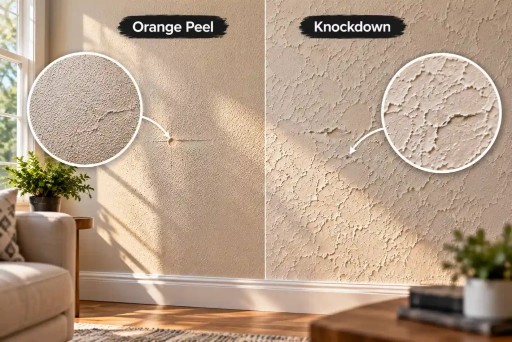Side-by-side comparison of orange peel and knockdown drywall textures on interior walls, showing fine orange peel bumps with a visible crack and broader knockdown patterns that help conceal wall imperfections.